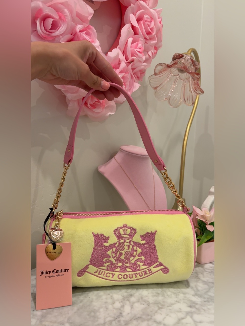 Juicy Couture Yellow Barrel Shoulder Bag with Pink Trim and Crest